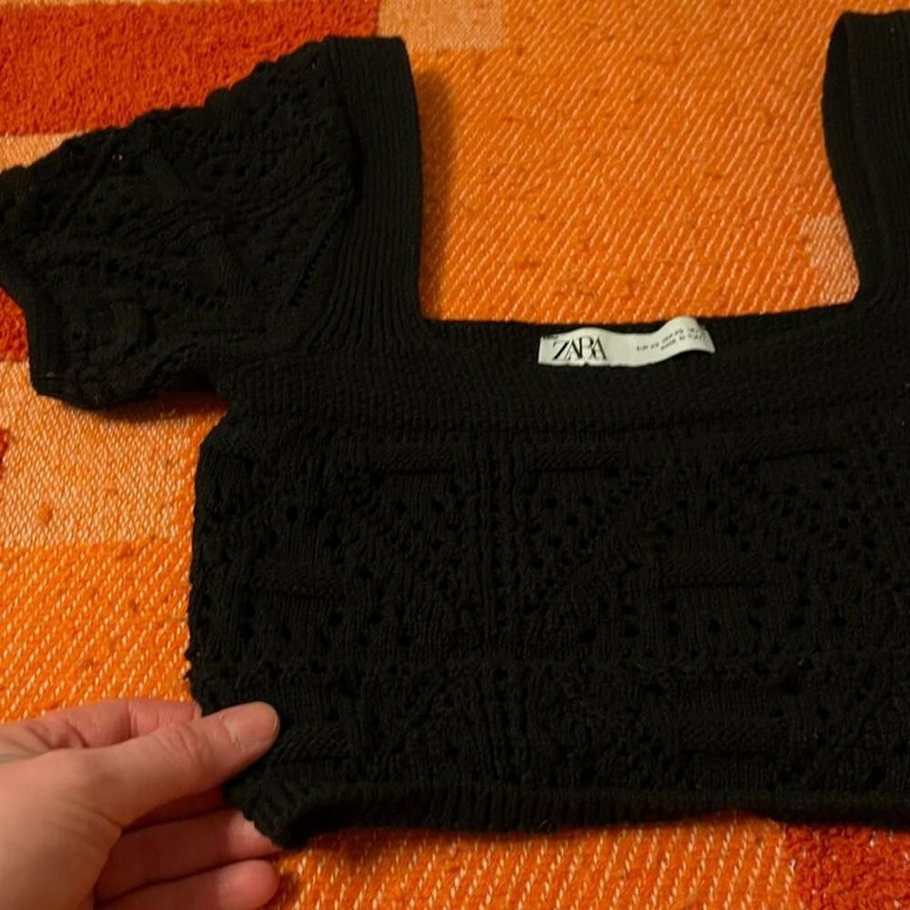 Zara Knitted Crop Top Beachy Summer Crochet Sleeved Blouse Black XS - Picture 3 of 5